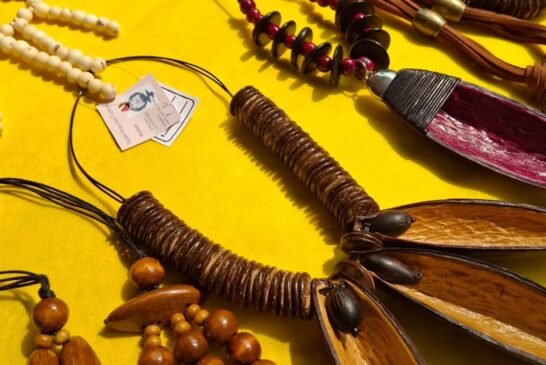 Biojóias - colares e brincos elaborados pela Artista Jaciara Heil com sementes, conchas, cascas