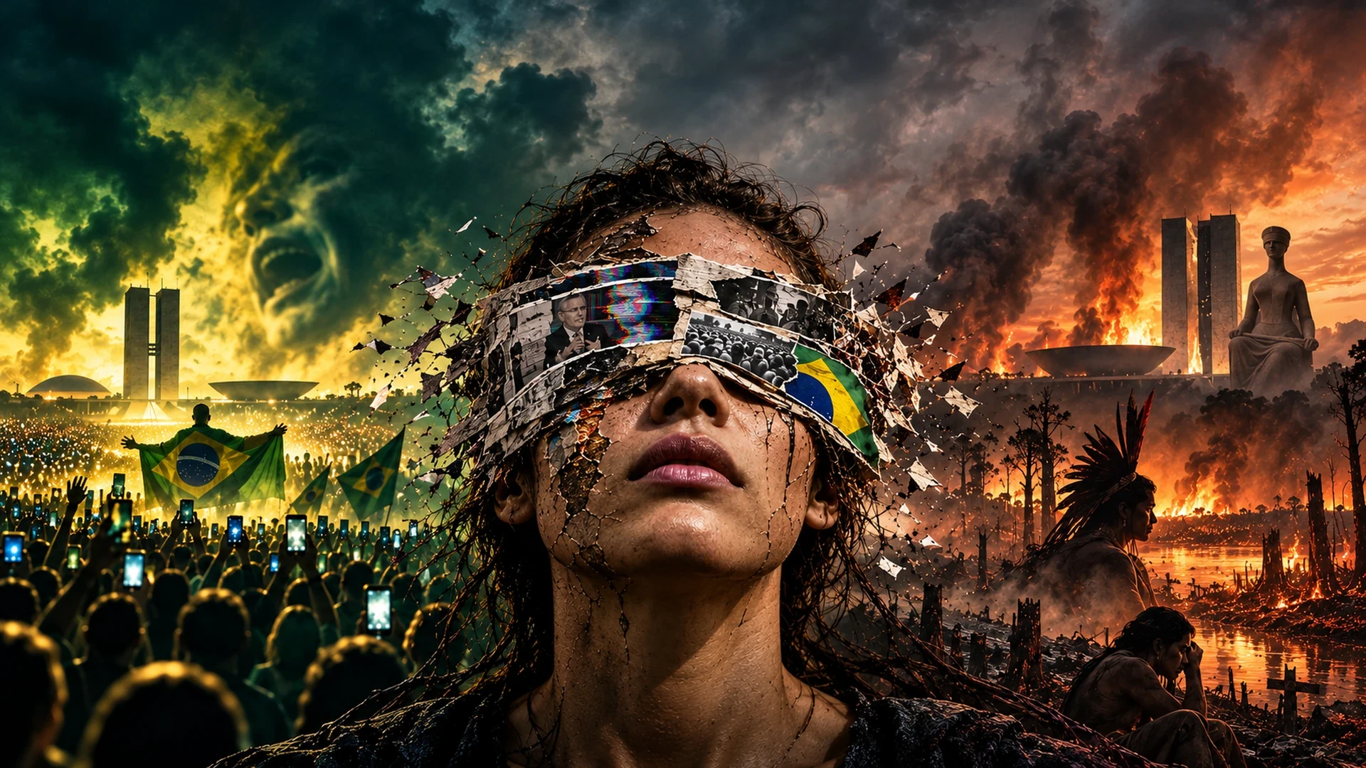 Ilustração editorial sobre a dissonância cognitiva: rosto com os olhos cobertos por fragmentos da desinformação, manifestações em Brasília e devastação ambiental